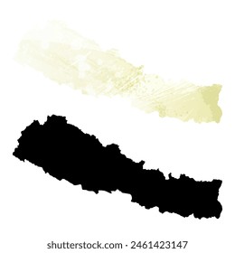 Detaillierte Karte der Vektorgrafik. Nepal. Satz von zwei Karten. Aquarellstil. Gelbe Zitronenfarbe. Schwarze Karte.