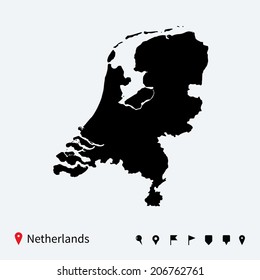 High detailed vector map of Netherlands with navigation pins.