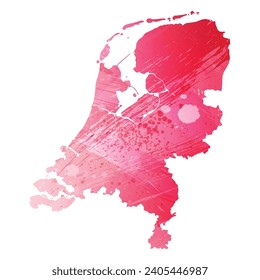Mapa vectorial detallado alto. Países Bajos. Estilo acuarela. Color rojo amaranto.