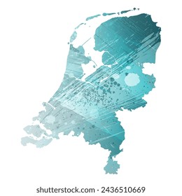 High detailed vector map. Netherlands. Watercolor style. Turquoise blue color. Blue is a deep color.