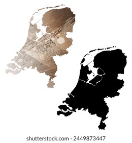 Detaillierte Karte der Vektorgrafik. Niederlande. Satz von zwei Karten. Aquarellstil. Braune Farbe. Schwarze Karte.