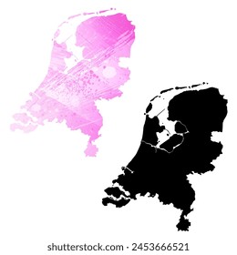 High detailed vector map. Netherlands. Set of two cards. Watercolor style. Pink color. Black card.