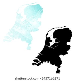 High detailed vector map. Netherlands. Set of two maps. Watercolor style. Blue color. Black map.