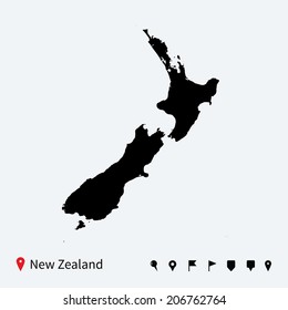 High detailed vector map of New Zealand with navigation pins.