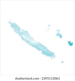 High detailed vector map. New Caledonia. Watercolor style. Aquamarine blue color.