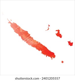 High detailed vector map. New Caledonia. Watercolor style. Scarlet bright red color.