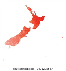 High detailed vector map. New Zealand. Watercolor style. Scarlet bright red color.
