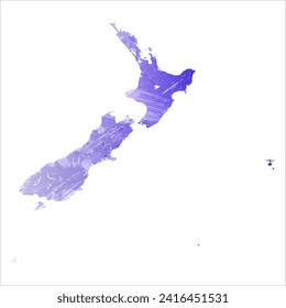 High detailed vector map. New Zealand. Watercolor style. Aspid blue color. A violet, delicate, pastel color.