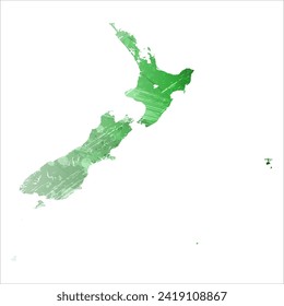 High detailed vector map. New Zealand. Watercolor style. Green color. Salacious emerald color.