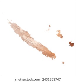 Mapa vectorial detallado. Nueva Caledonia. Estilo acuarela. Beige y rojo. Color marrón.
