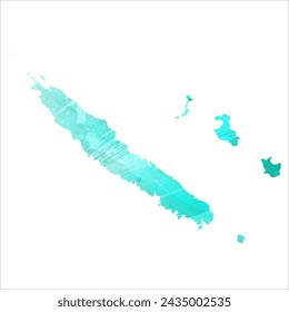 High detailed vector map. New Caledonia. Watercolor style. Turquoise color. Bright blue color.