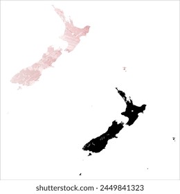 Mapa de Vector detallado. Nueva Zelanda. Juego de dos cartas. Estilo acuarela. Color rosa. Tarjeta negra.