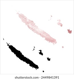 Mapa de Vector detallado. Nueva Caledonia. Juego de dos cartas. Estilo acuarela. Color rosa. Tarjeta negra.