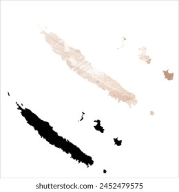 High detailed vector map. New Caledonia. Set of two cards. Watercolor style. Brown beige color. Black card.