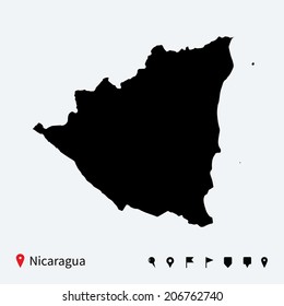 High detailed vector map of Nicaragua with navigation pins.