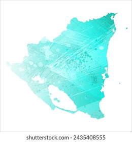 High detailed vector map. Nicaragua. Watercolor style. Turquoise color. Bright blue color.