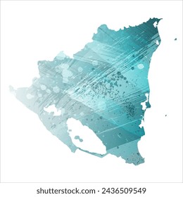 High detailed vector map. Nicaragua. Watercolor style. Turquoise blue color. Blue is a deep color.