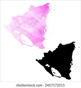 High detailed vector map. Nicaragua. Set of two cards. Watercolor style. Pink color. Black card.