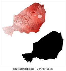 High detailed vector map. Niger. Set of two cards. Watercolor style. Red color. Black card.