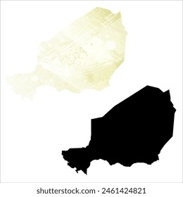 High detailed vector map. Niger. Set of two cards. Watercolor style. Yellow lemon color. Black card.