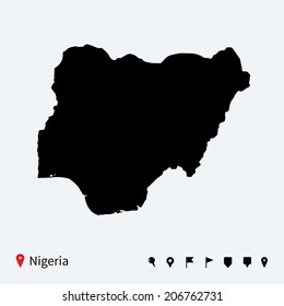 High detailed vector map of Nigeria with navigation pins.