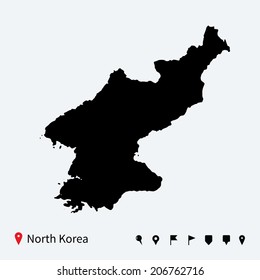 High detailed vector map of North Korea with navigation pins.
