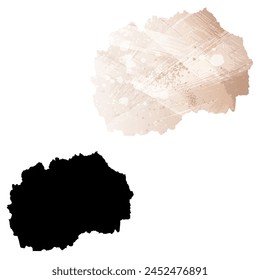 High detailed vector map. North Macedonia. Set of two cards. Watercolor style. Brown beige color. Black card.