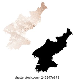 Detaillierte Karte der Vektorgrafik. Nordkorea. Satz von zwei Karten. Aquarellstil. Braunbeige. Schwarze Karte.
