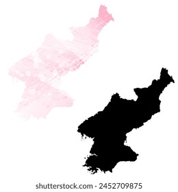 High detailed vector map. North Korea. Set of two cards. Watercolor style. Pink color. Black card.