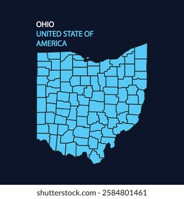 High detailed vector map, Ohio. Ohio US state blank map vector solid black color and outline isolated on white background. Map of the US states with districts. Map of the U.S. state of Ohio.