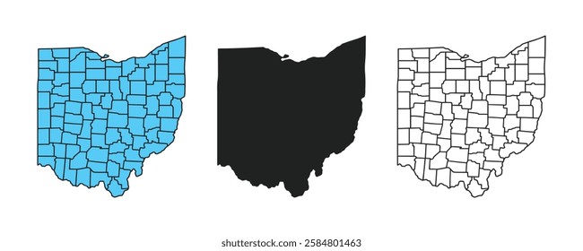 High detailed vector map, Ohio. Ohio US state blank map vector solid black color and outline isolated on white background. Map of the US states with districts. Map of the U.S. state of Ohio.