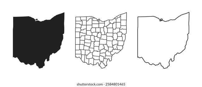 High detailed vector map, Ohio. Ohio US state blank map vector solid black color and outline isolated on white background. Map of the US states with districts. Map of the U.S. state of Ohio.