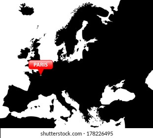 High detailed vector map over Europe with the Capital in red bubble - Paris 