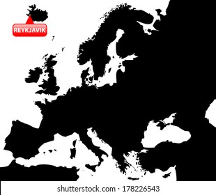 High detailed vector map over Europe with the Capital in red bubble - Reykjavik 
