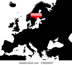 High detailed vector map over Europe with the Capital in red bubble - Stockholm 