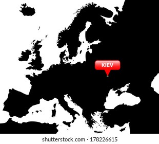 High detailed vector map over Europe with the Capital in red bubble - Kiev  