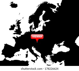 High detailed vector map over Europe with the Capital in red bubble - Vienna 