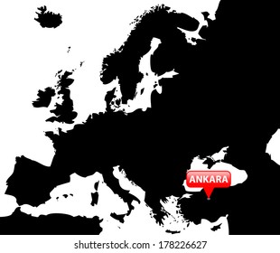 High detailed vector map over Europe with the Capital in red bubble - Ankara 