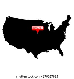 High detailed vector map over United States with the States Capital in red bubble - Lincoln, Nebraska 