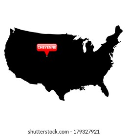 High detailed vector map over United States with the States Capital in red bubble - Cheyenne, Wyoming 
