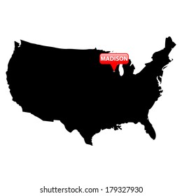 High detailed vector map over United States with the States Capital in red bubble - Madison, Wisconsin 