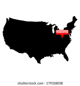 High detailed vector map over United States with the States Capital in red bubble - Charleston, West Virginia 