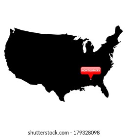 High detailed vector map over United States with the States Capital in red bubble - Montgomery, Alabama 