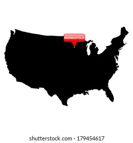High detailed vector map over United States with the main cities in red bubble - Minneapolis 