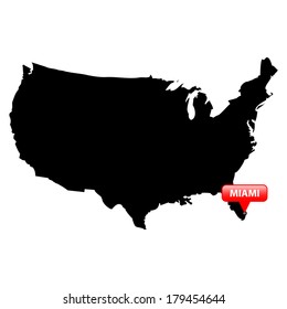 High detailed vector map over United States with the main cities in red bubble - Miami 