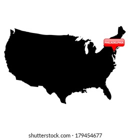 High detailed vector map over United States with the main cities in red bubble - Philadelphia 