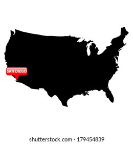 High detailed vector map over United States with the main cities in red bubble - San Diego 