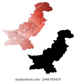 High detailed vector map. Pakistan. Set of two cards. Watercolor style. Red color. Black card.