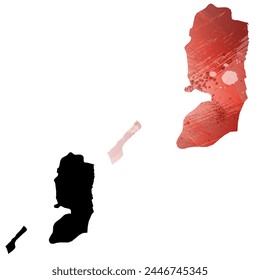 High detailed vector map. Palestine. Set of two cards. Watercolor style. Red color. Black card.