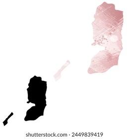 High detailed vector map. Palestine. Set of two cards. Watercolor style. Pink color. Black card.